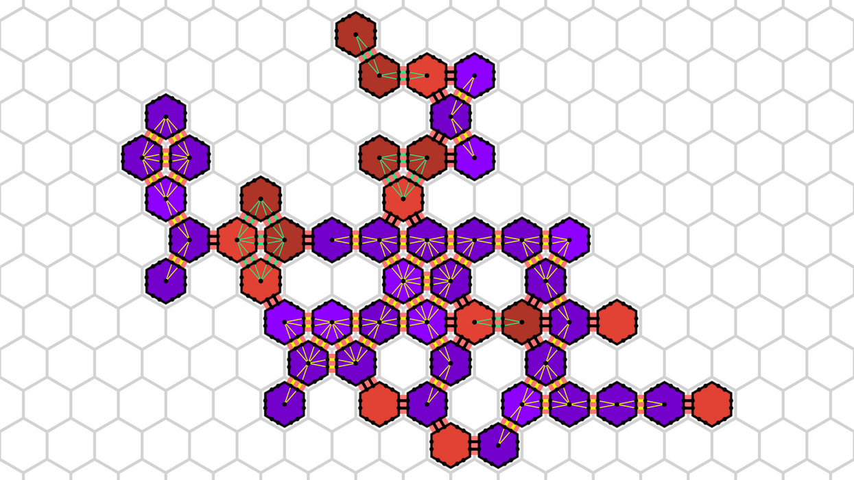 Grafik im Hexagon-Modell. Visualisierung durch rote und lilafarbene Hexagone